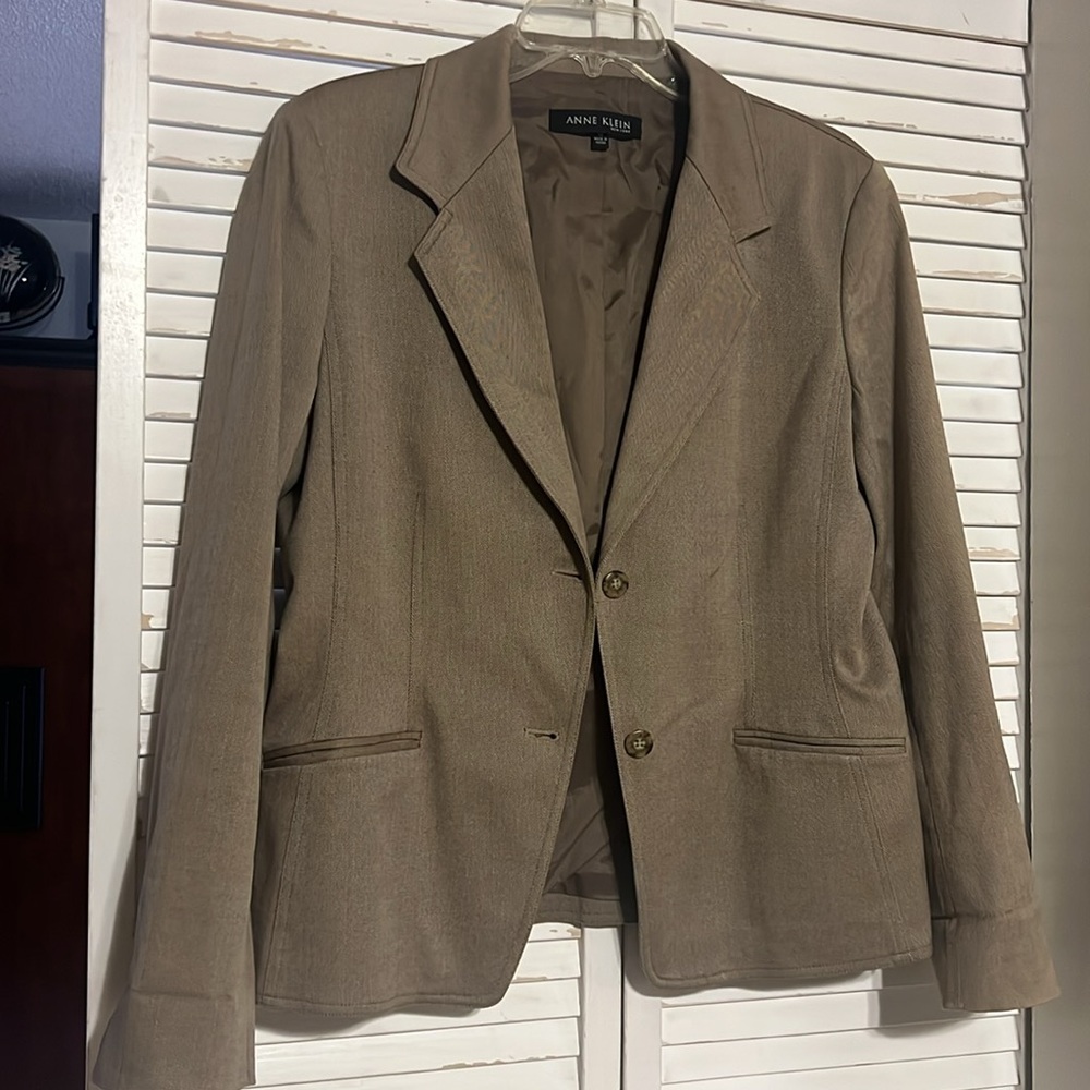 Anne Klein Khaki Tan Herringbone Blazer-Size 14 - 95% Cotton Rare Vintage